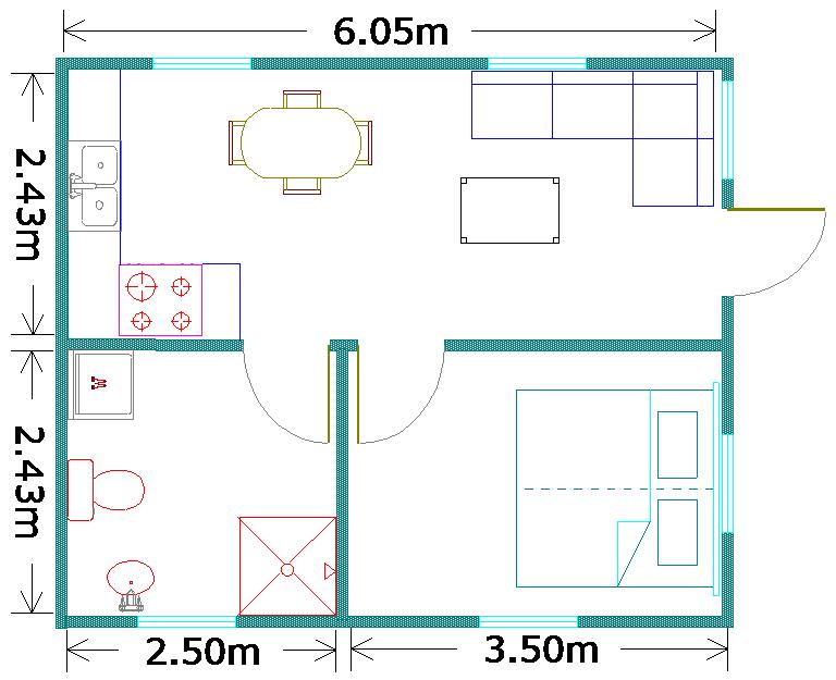 30 m2-es, Nappali + 1 hálószobás modulház minta alaprajz